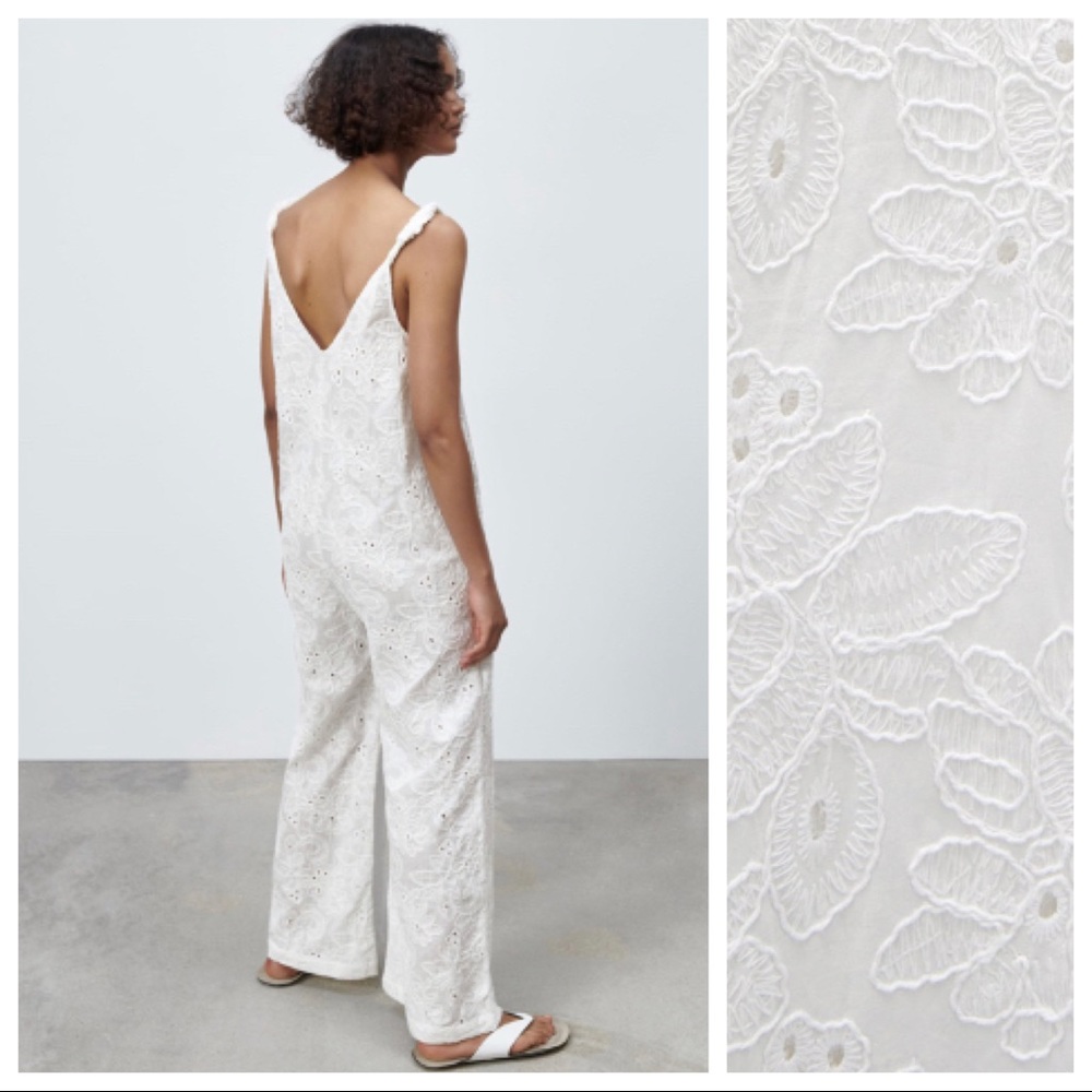 Zara White Broderie Anglaise Wide-Leg Jumpsuit - Picture 3 of 10